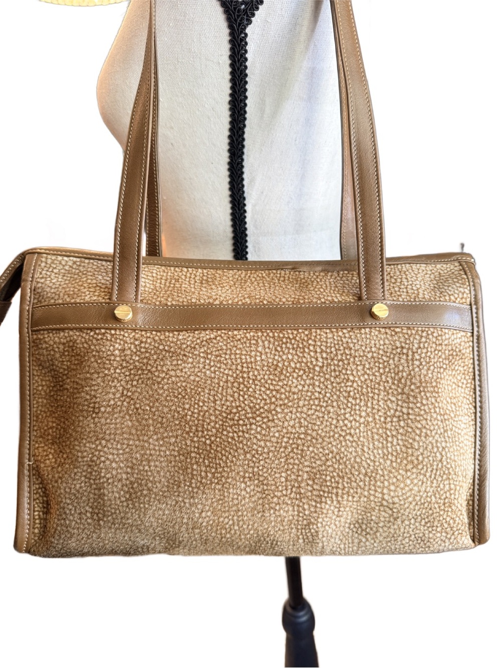 Vintage Borbonese OP Suede & Leather Shoulder Tote Bag Italy Large Zip Top